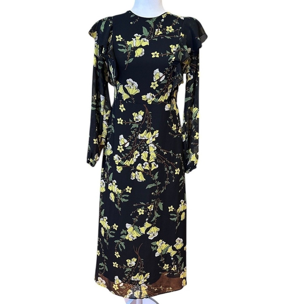 Who What Wear Black Floral Midi Dress LS  Sheer Ruffle Sleeve Romantic Women S